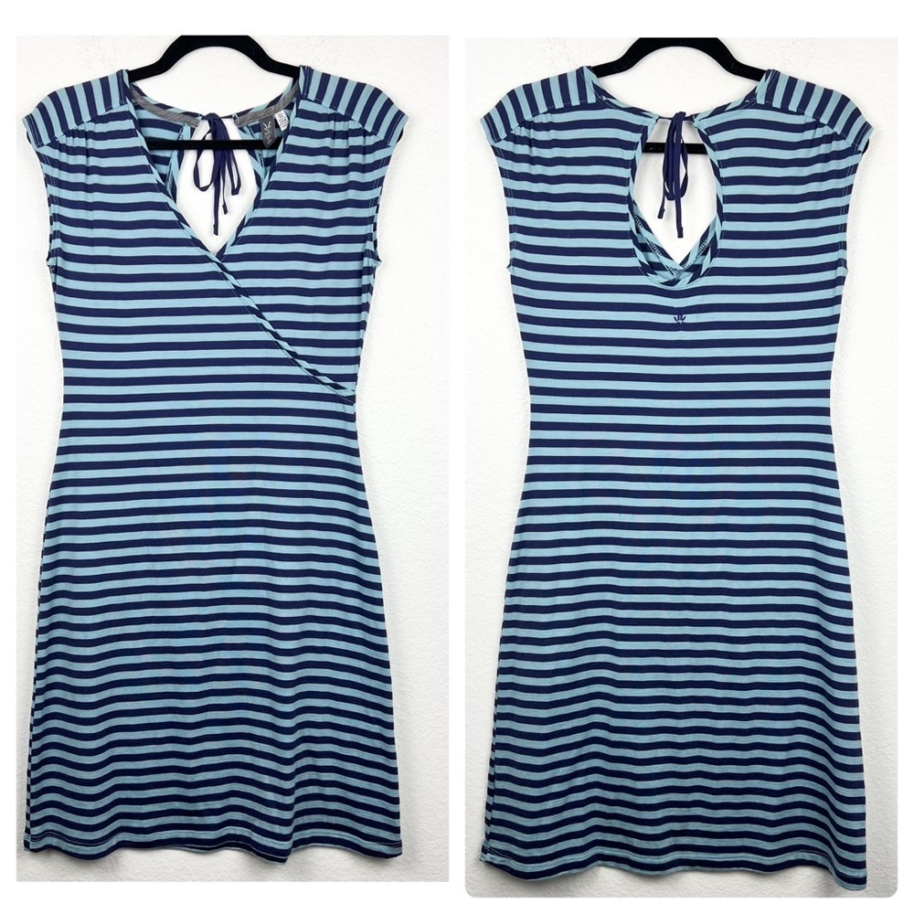 IBEX 100% Merino Wool Faux Wrap Dress, Teal Purple Stripes, Cutout Back, Size XS